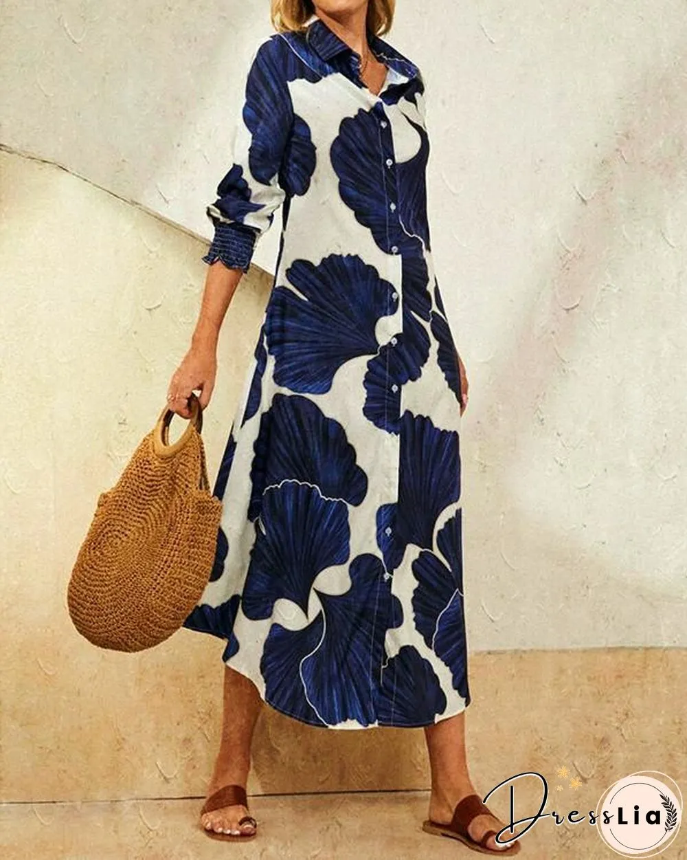 Leaves Print Lapel Button Long Sleeve Maxi Shirt Dress