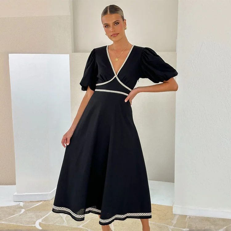 V Neck Puff Sleeve Midi Dress