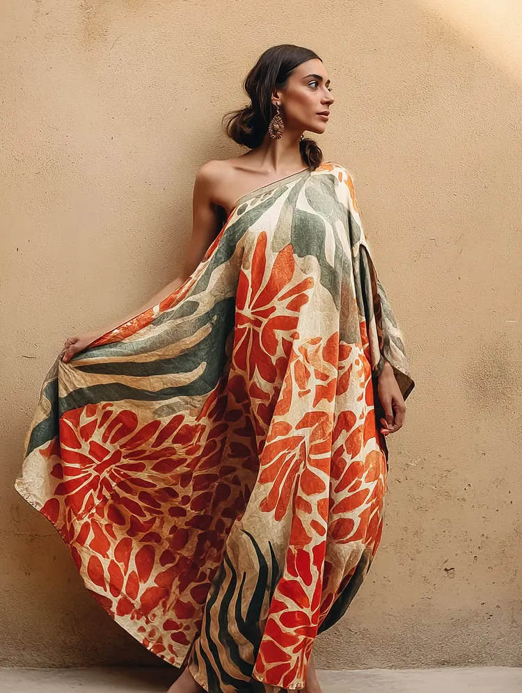 One-shoulder Flower Fairy Flowing Cotton And Linen Kaftan