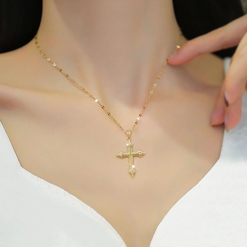 Stainless Steel 18K Gold Plated Minimalist Plating Inlay Cross Zircon