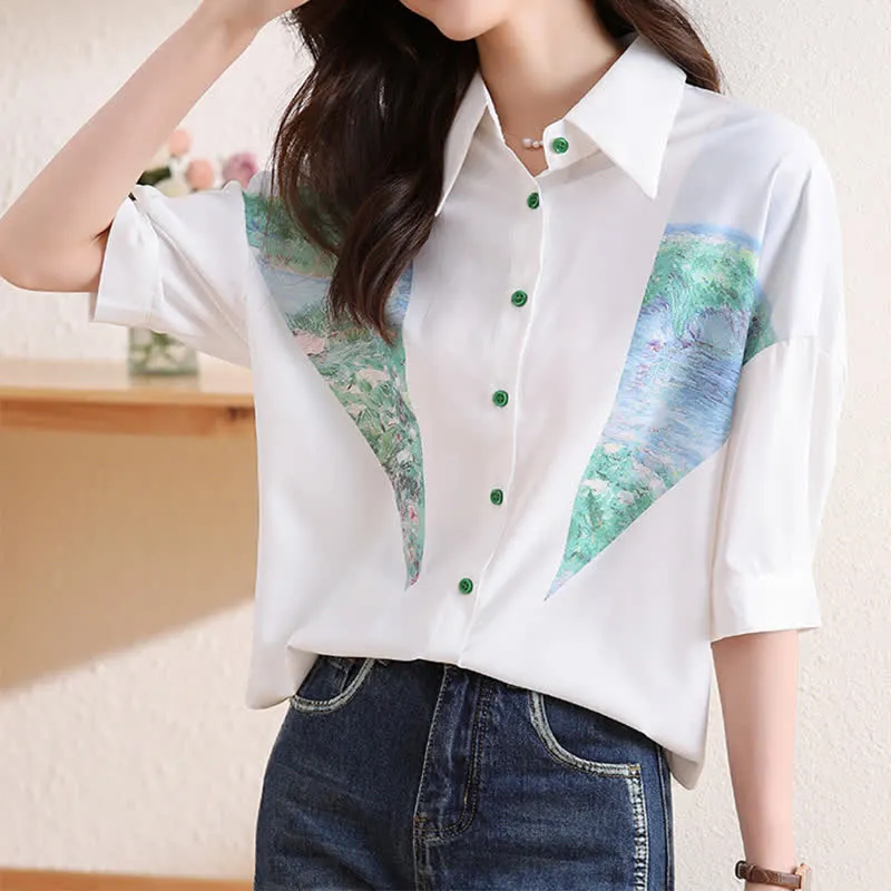 Chic Painting Print Chiffon Lapel Shirt Workwear