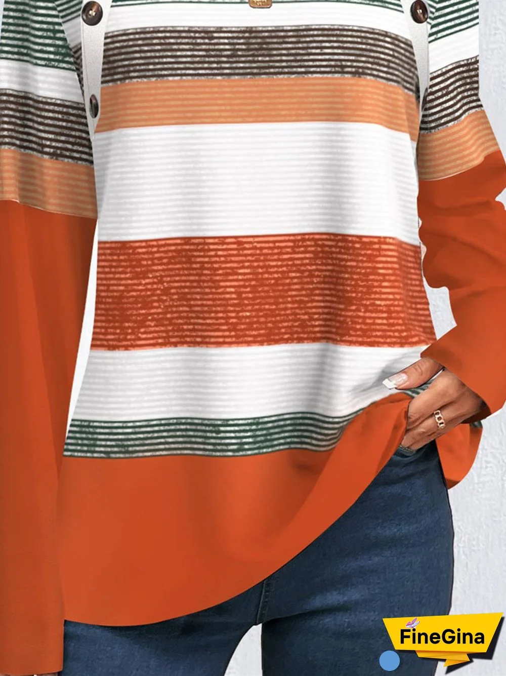 Women Long Sleeve Scoop Neck Graphic Printed Buttons Tops