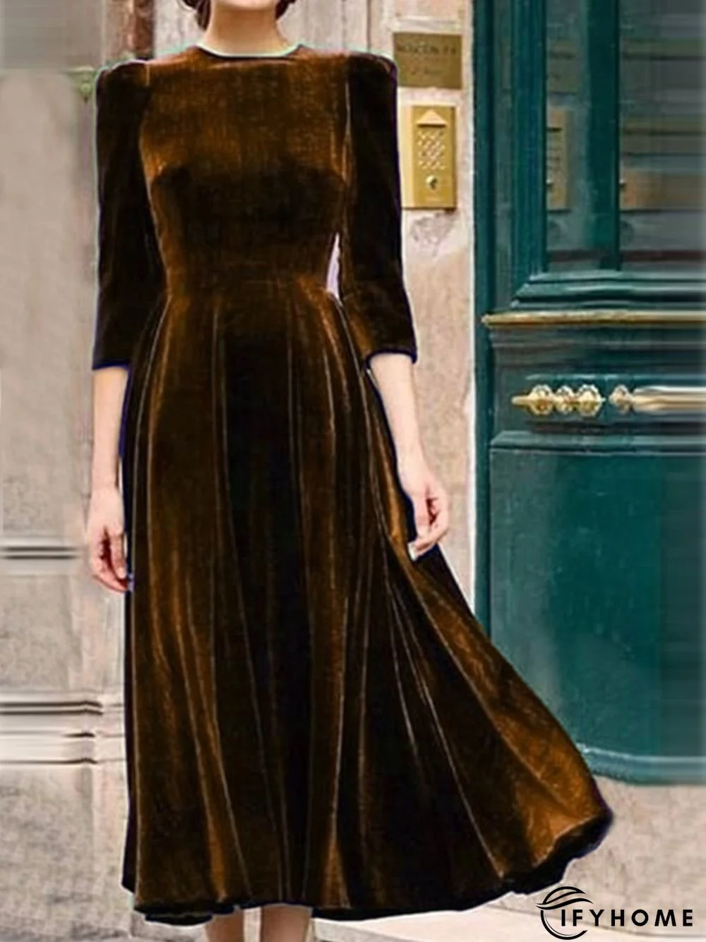 Army Green Vintage Velvet Knitting Dress | IFYHOME