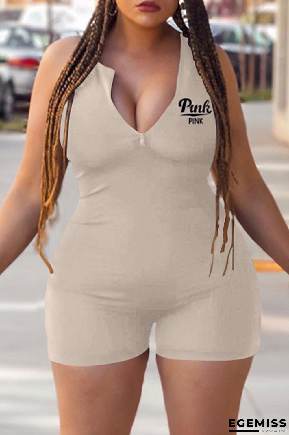 Apricot Fashion Casual Letter Print Basic Zipper Collar Skinny Romper | EGEMISS