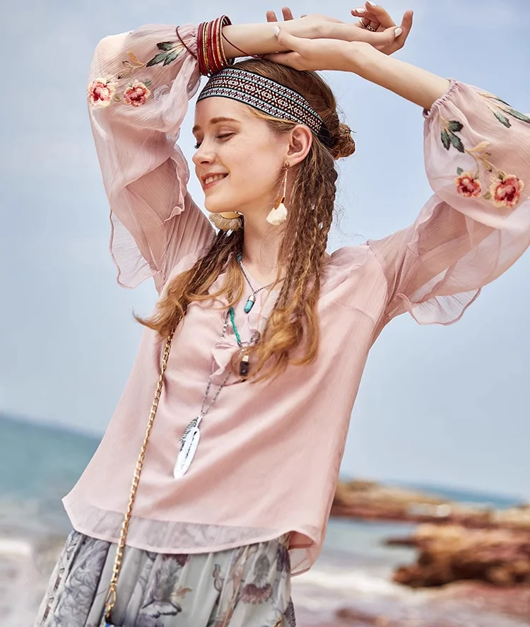 Flower Embroidery Chiffon Lace Blouse