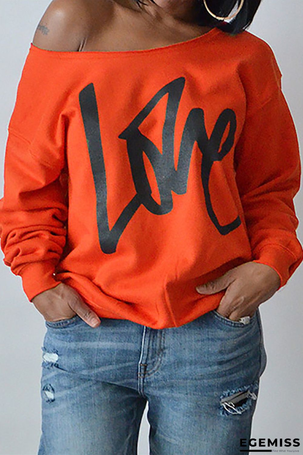 Orange Fashion Casual Letter Print Basic Oblique Collar Tops | EGEMISS