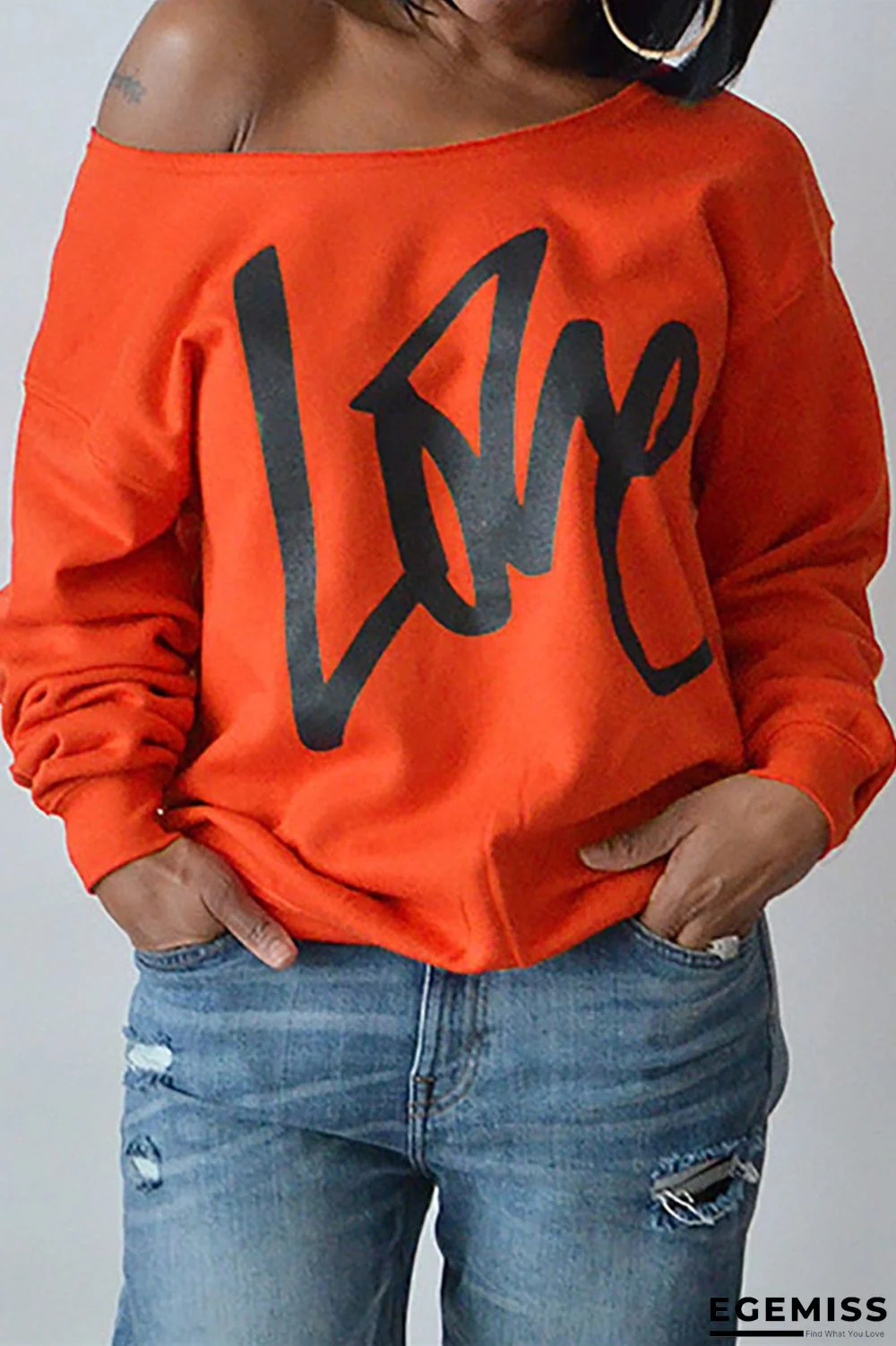 Orange Fashion Casual Letter Print Basic Oblique Collar Tops | EGEMISS