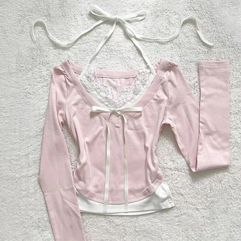 Megaarcadee Harajuku Retro Y2K Aesthetic Womens Long Sleeve Top Sexy Slim Chic Aesthetic Lace Bow Design Mini Skirt Gothic E-Girl Streetwear