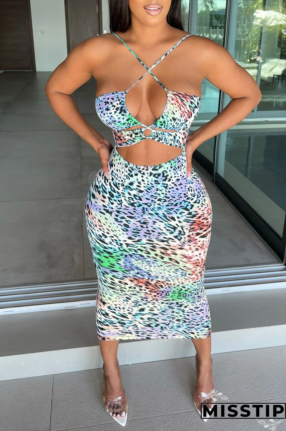 Light Blue Fashion Sexy Print Hollowed Out Backless Spaghetti Strap Sleeveless Dress