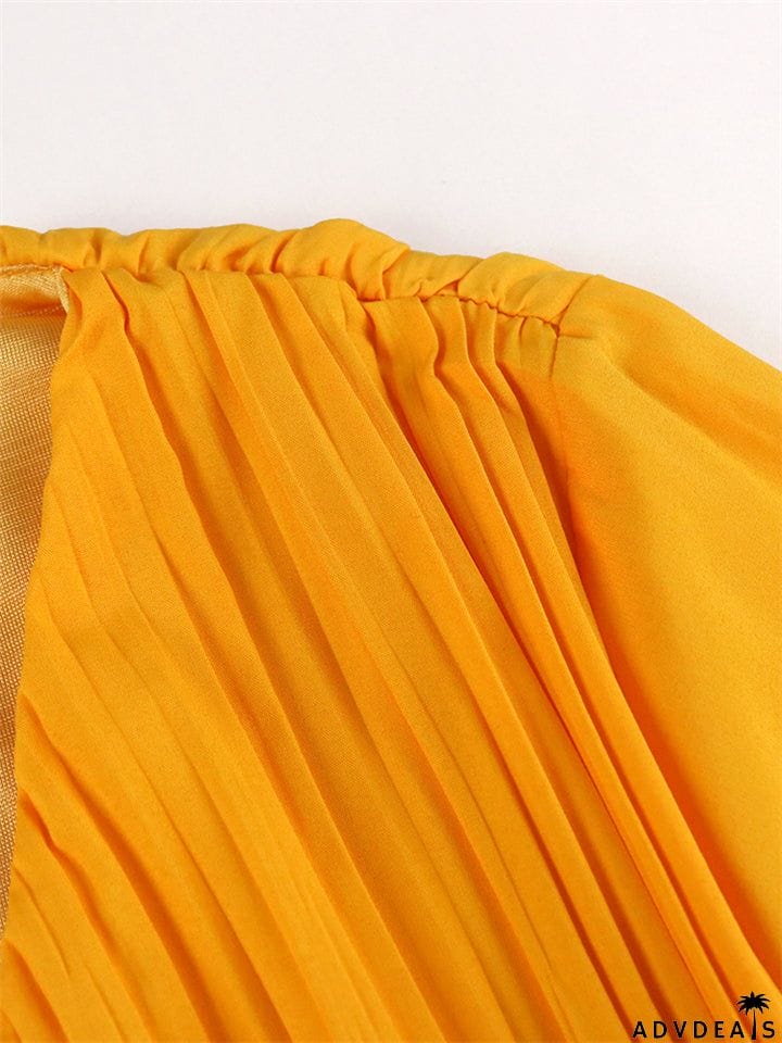 V-Neck Long Sleeve Slim Pleated A Line Long Dresses