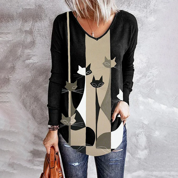 Wearshes Color Block Cat Print V-Neck Long Sleeve T-Shirt