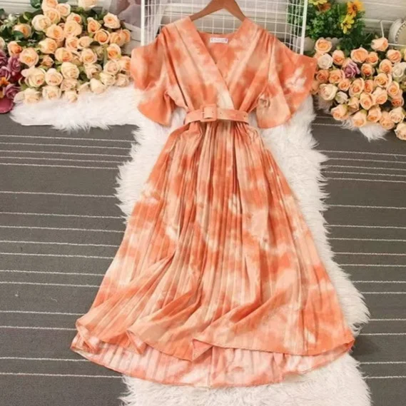 Athvotar Athvotar French Crumlom Dyed Summer New Waist Display Thin And Long Elegant Folded Chiffon Dress Holiday Woman