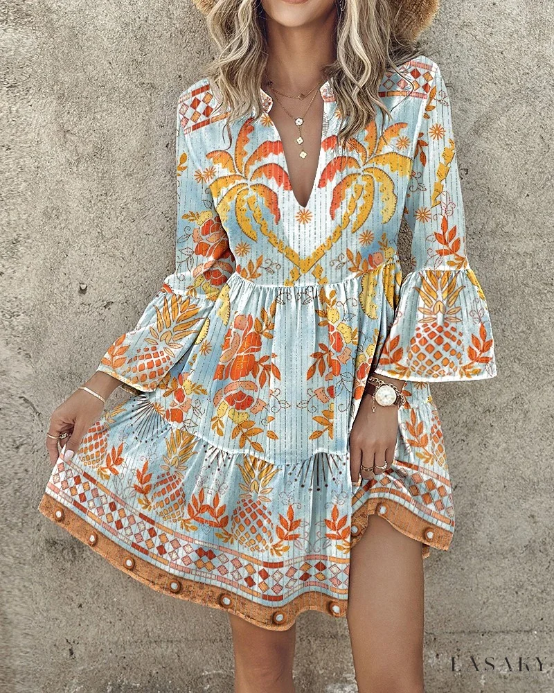 Exotic Coconut Tree and Pineapple Print Ruffled Casual Dress 
