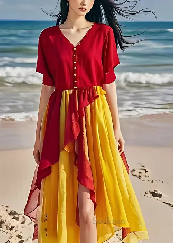 Pre sale - shipping in 30 days/Fine Red Ruffled Patchwork Linen Beach Dress Summer