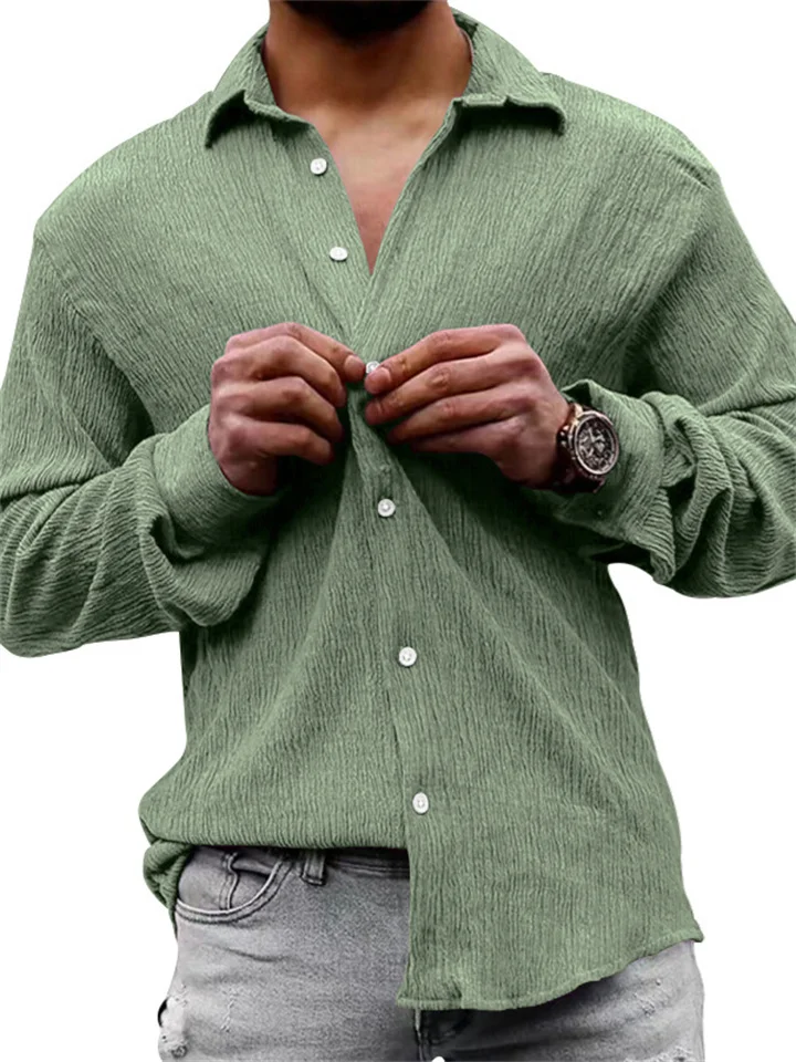 Men's Long-sleeved Shirt Spring and Autumn Loose Big Yards Solid Color Linen Lapel Long-sleeved Casual Shirt-Cosfine