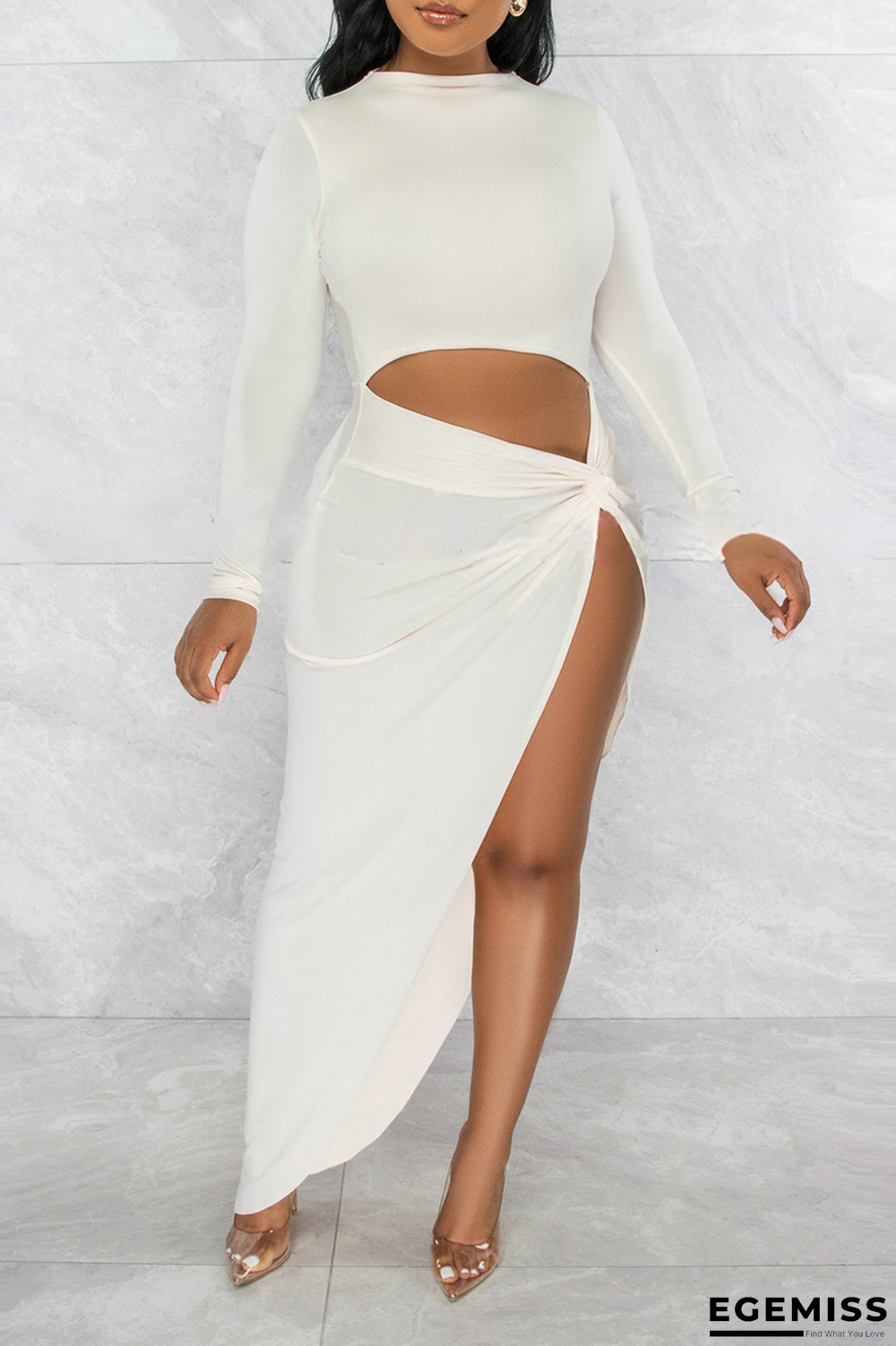 White Sexy Solid Patchwork O Neck Irregular Dress Dresses | EGEMISS