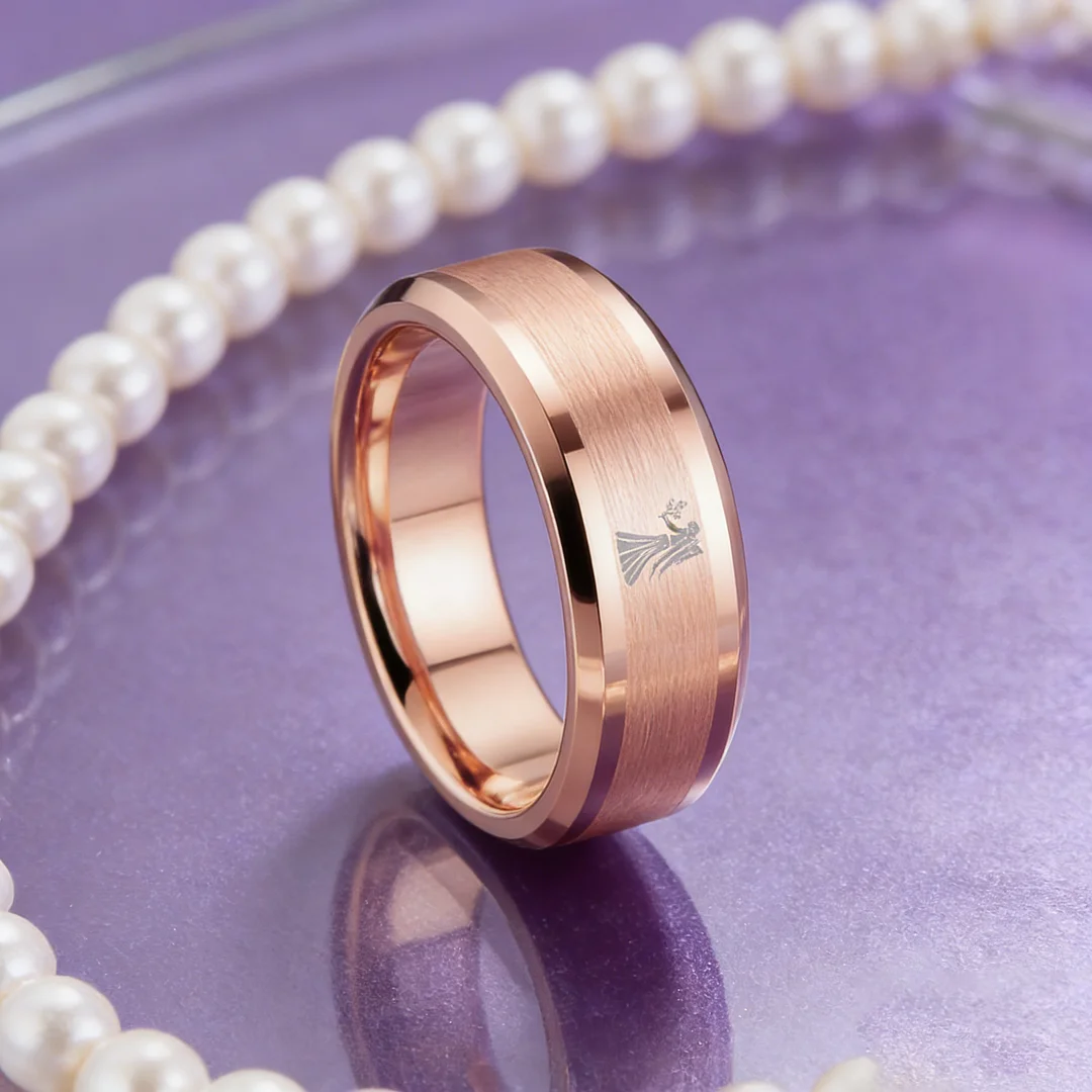 Beveled Edges Rose Gold Laser Etched Tungsten Carbide Ring Rose Gold Virgo Couple Wedding Band 4MM 6MM 8MM