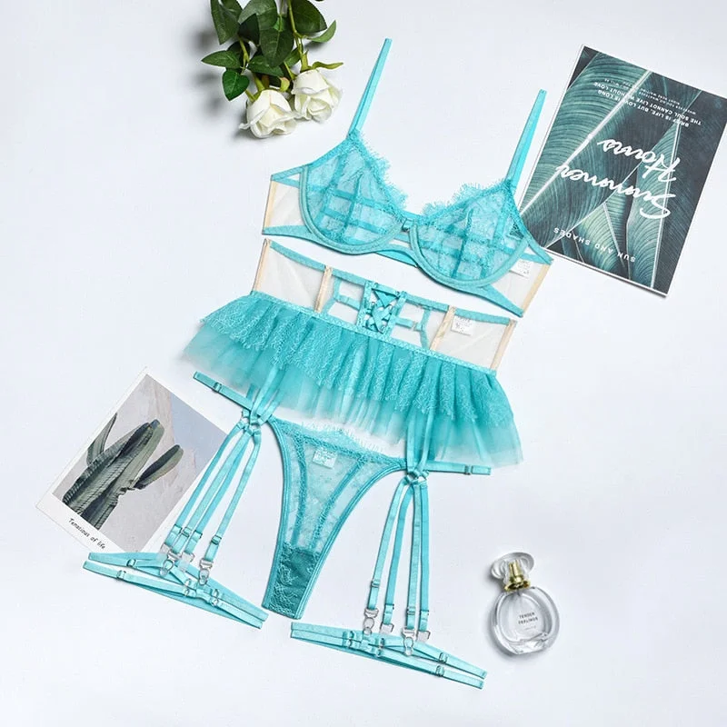 Yimunancy 3-Piece Lace Bra Set Women Transparent Mesh Patchwork Lingerie Set Ladies Sexy Panty Exotic Set