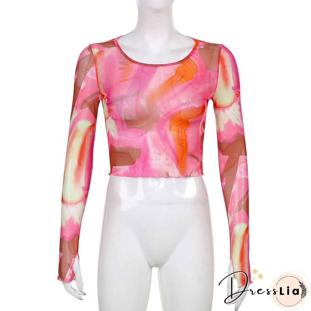 Autumn Print Mesh Top O Neck Long Sleeve Basic T Shirt Harajuku Vintage Retro Punk Style Clothes Aesthetic Streetwear Y2K