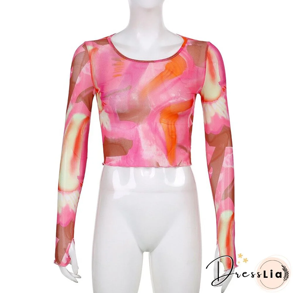 Autumn Print Mesh Top O Neck Long Sleeve Basic T Shirt Harajuku Vintage Retro Punk Style Clothes Aesthetic Streetwear Y2K