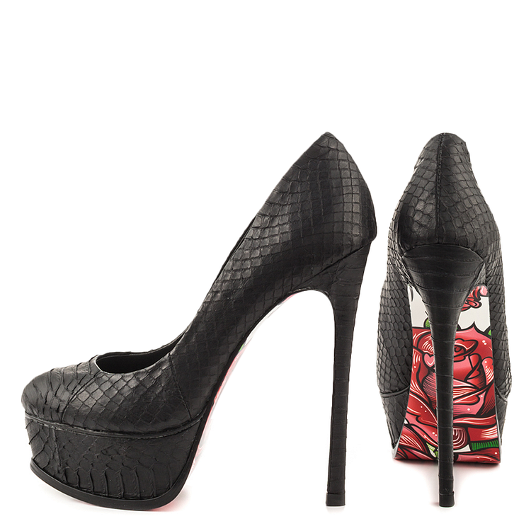 Women's Black Python Stiletto Heels Flower Printed Almond Toe Platform Heels |FSJ Shoes