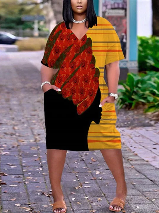 Women's Yellow Plus Size V-neck Mid-sleeve Dress