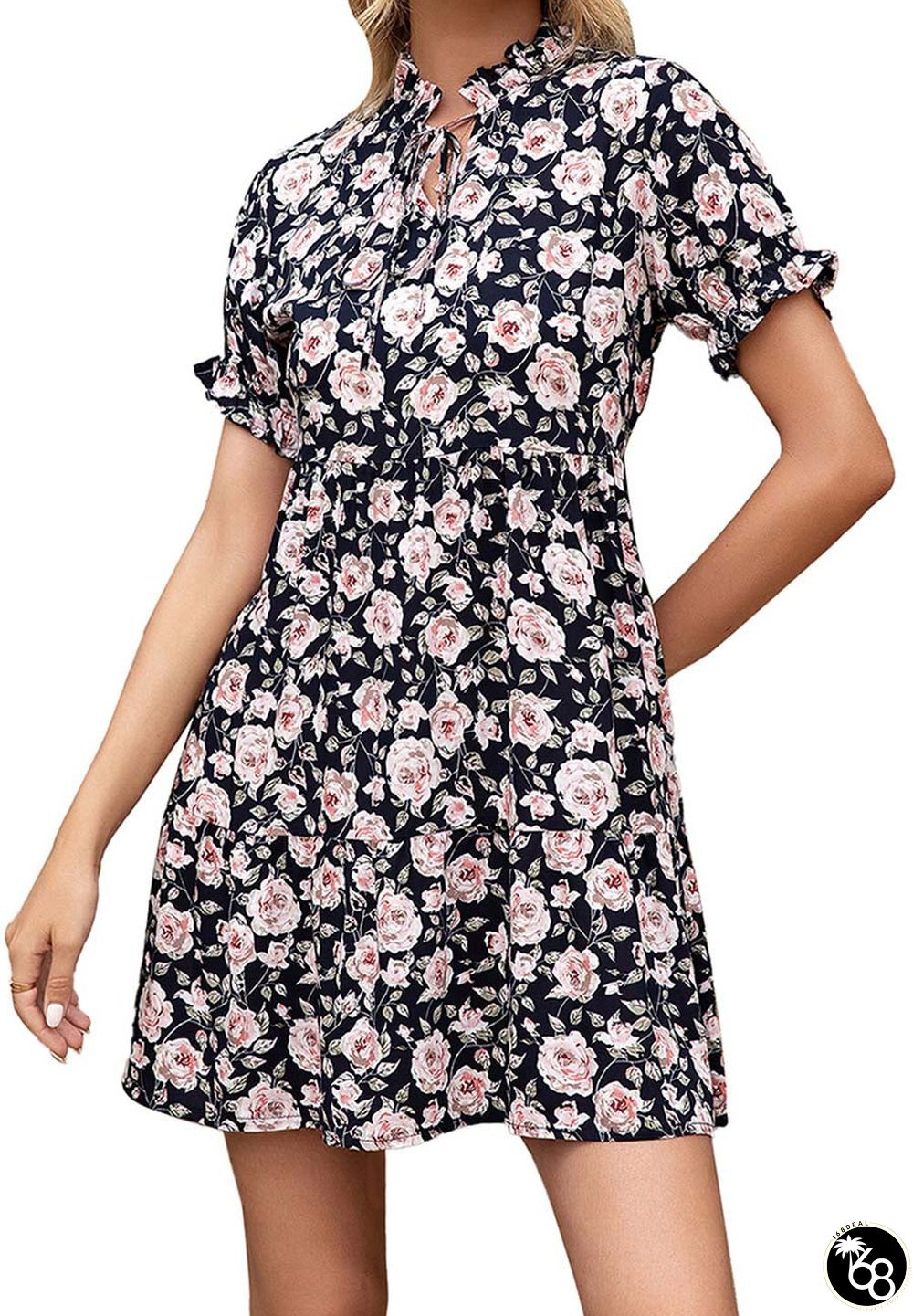 Anna-Kaci Women's Summer Dress Boho Ruffle Sleeve Floral Print Tie Neck Sun Dress | 168DEAL