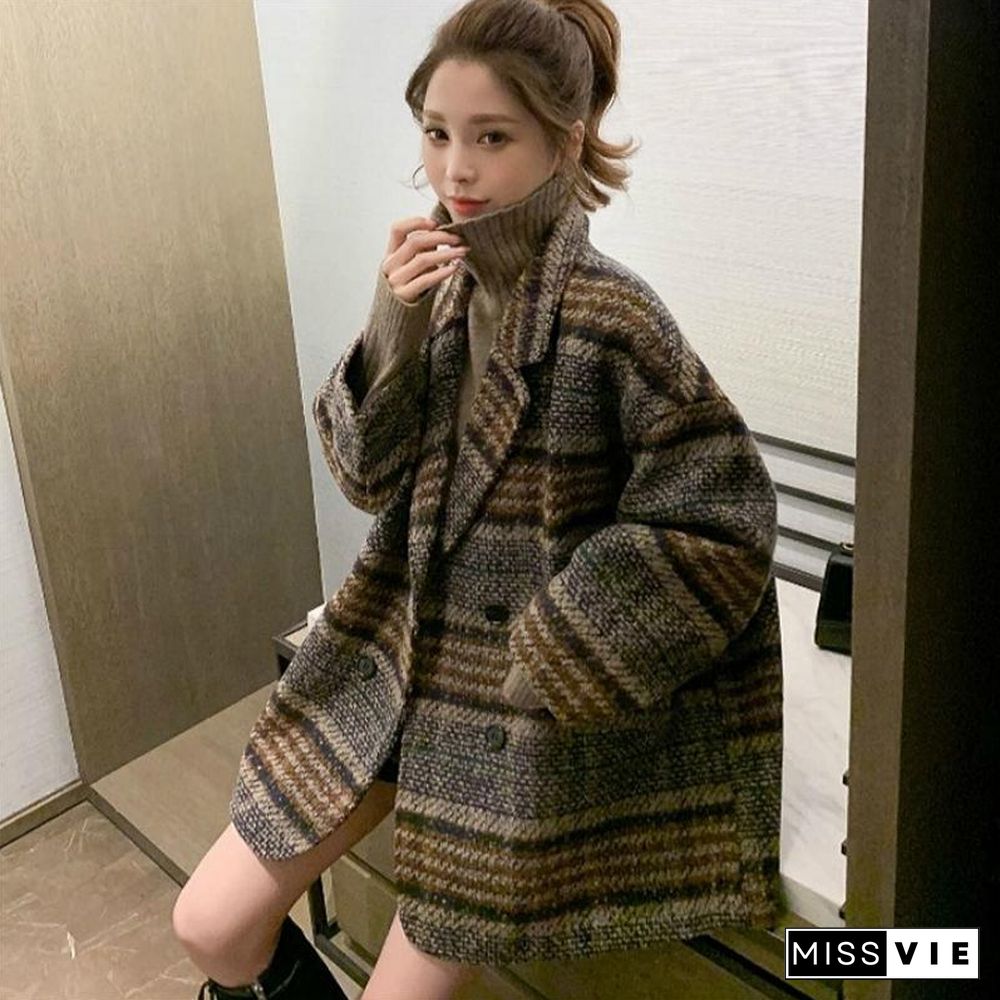 Plaid Button Loose Winter Coat