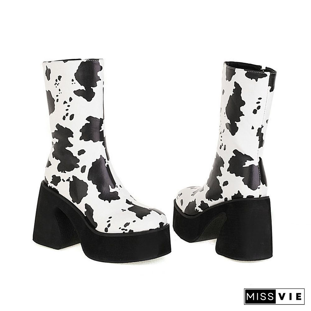 Zebra Cow Print Slip-On Platform Boots