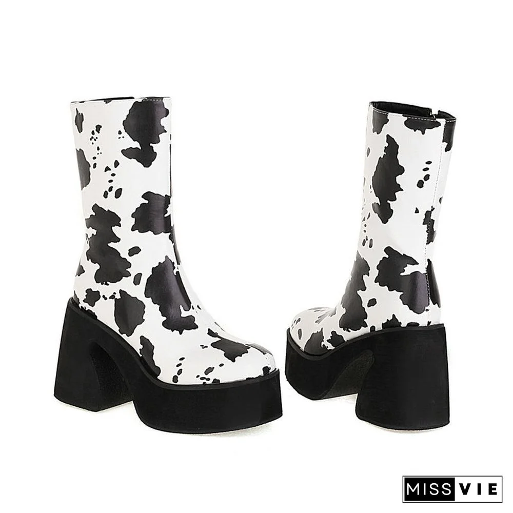 Zebra Cow Print Slip-On Platform Boots