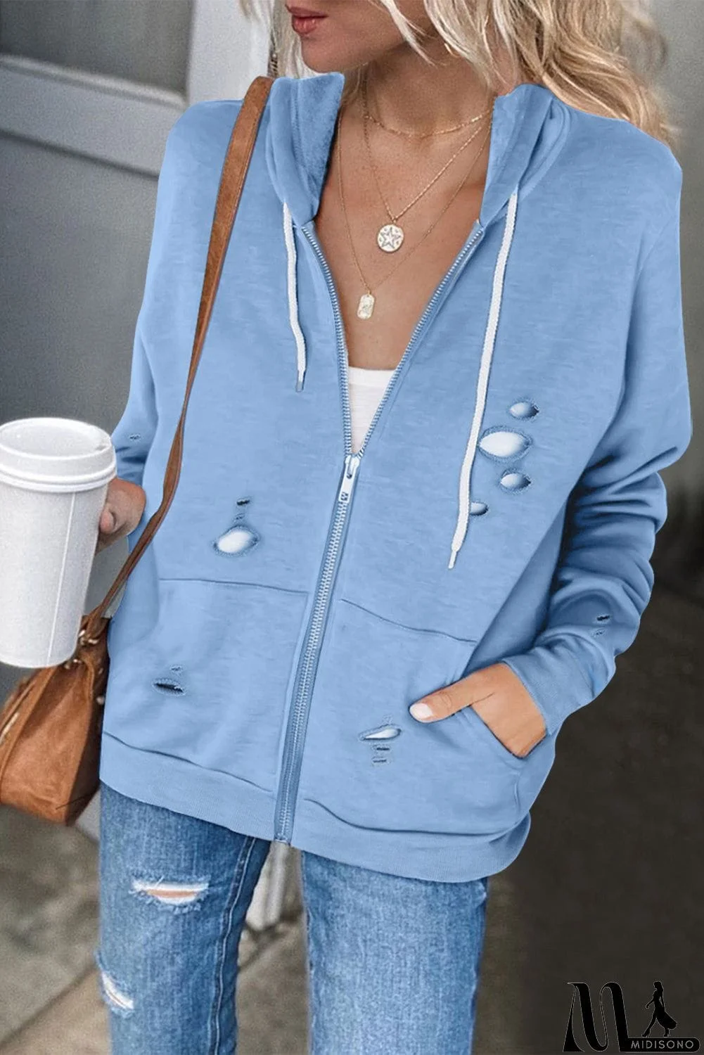 MidiSono - Ripped Zipper Pocket Hoodie