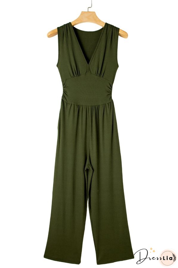 Moss Green Sleeveless V Neck Ruched Wide Leg Jumpsuit