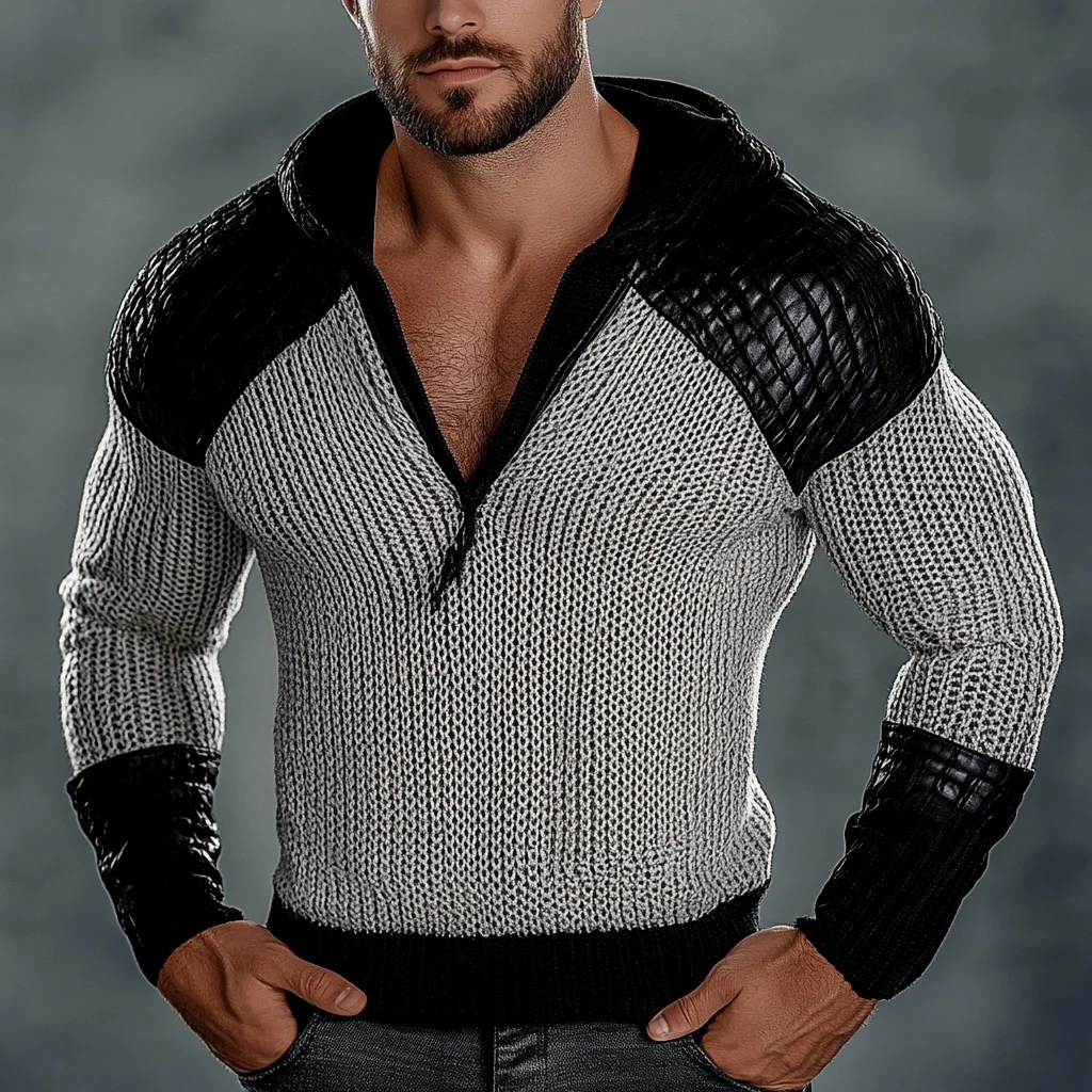 Men's Knitted Leather Patchwork Comfortable Warm Hoodie-inspireuse