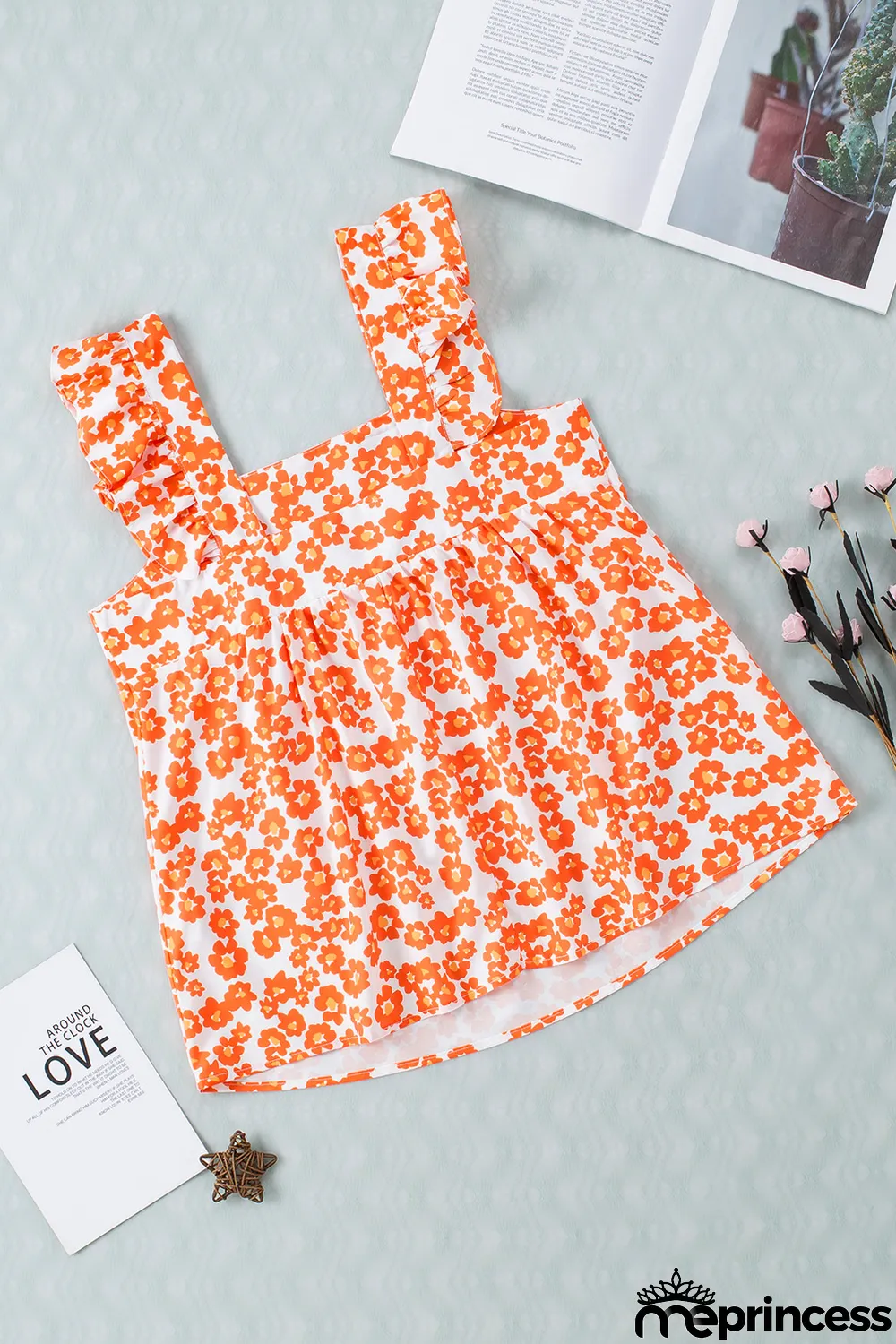 Orange Floral Print Square Neck Ruffle Tank Top