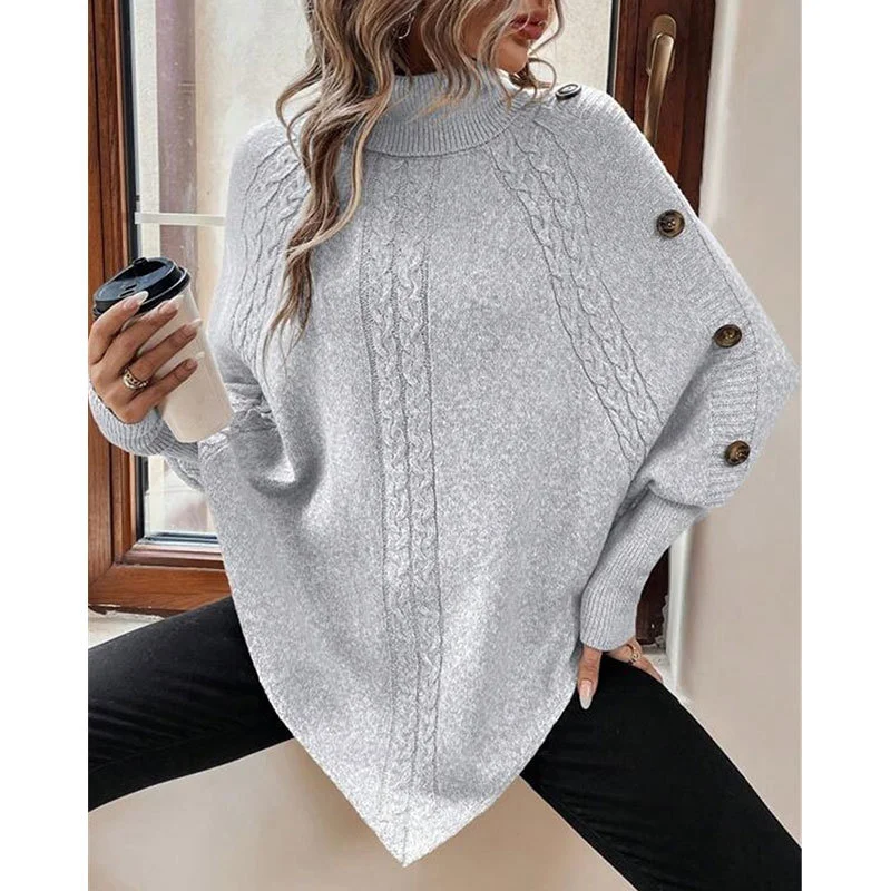Athvotar Athvotar And Winter New Sweater Women's Knit Fashion Stucked High-Necked Button Bat Sleeve Top