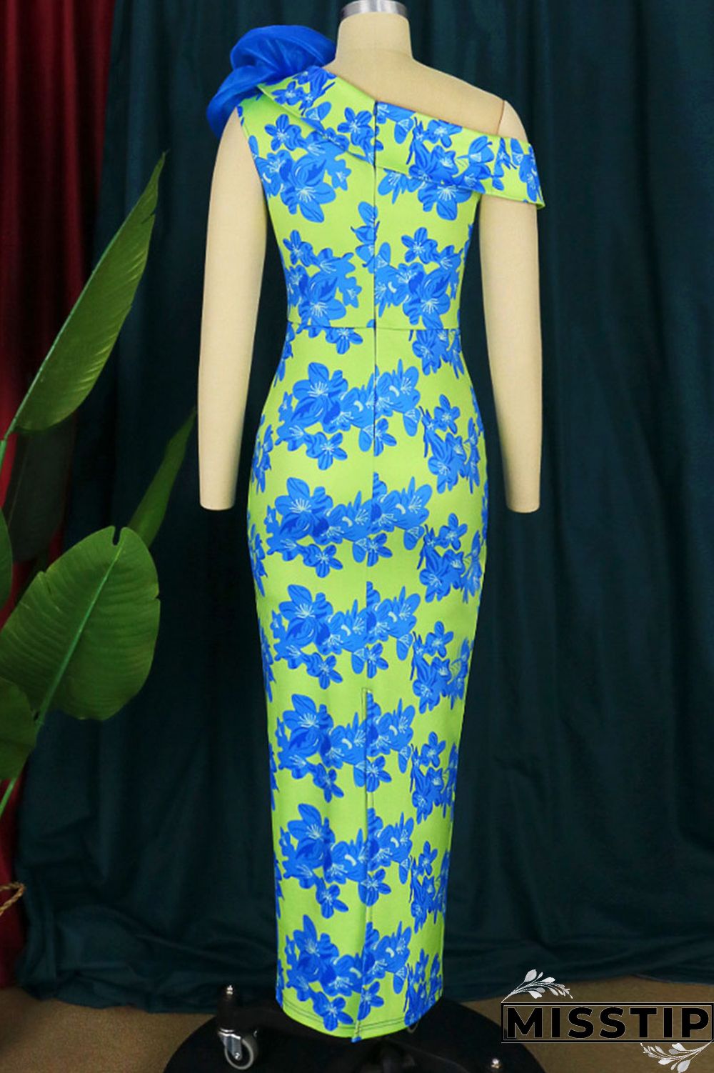 Blue Elegant Print Patchwork Appliques Oblique Collar Straight Dresses