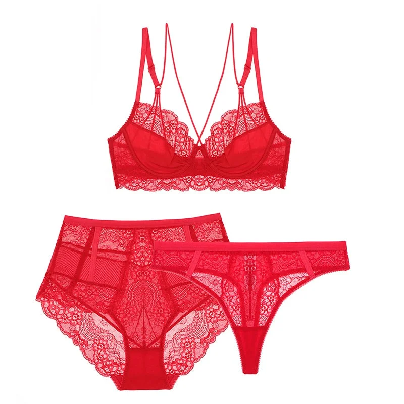Varsbaby sexy unlined 3/4 cup underwear floral lace 3 pcs bras+high-waist panties+thongs for ladies