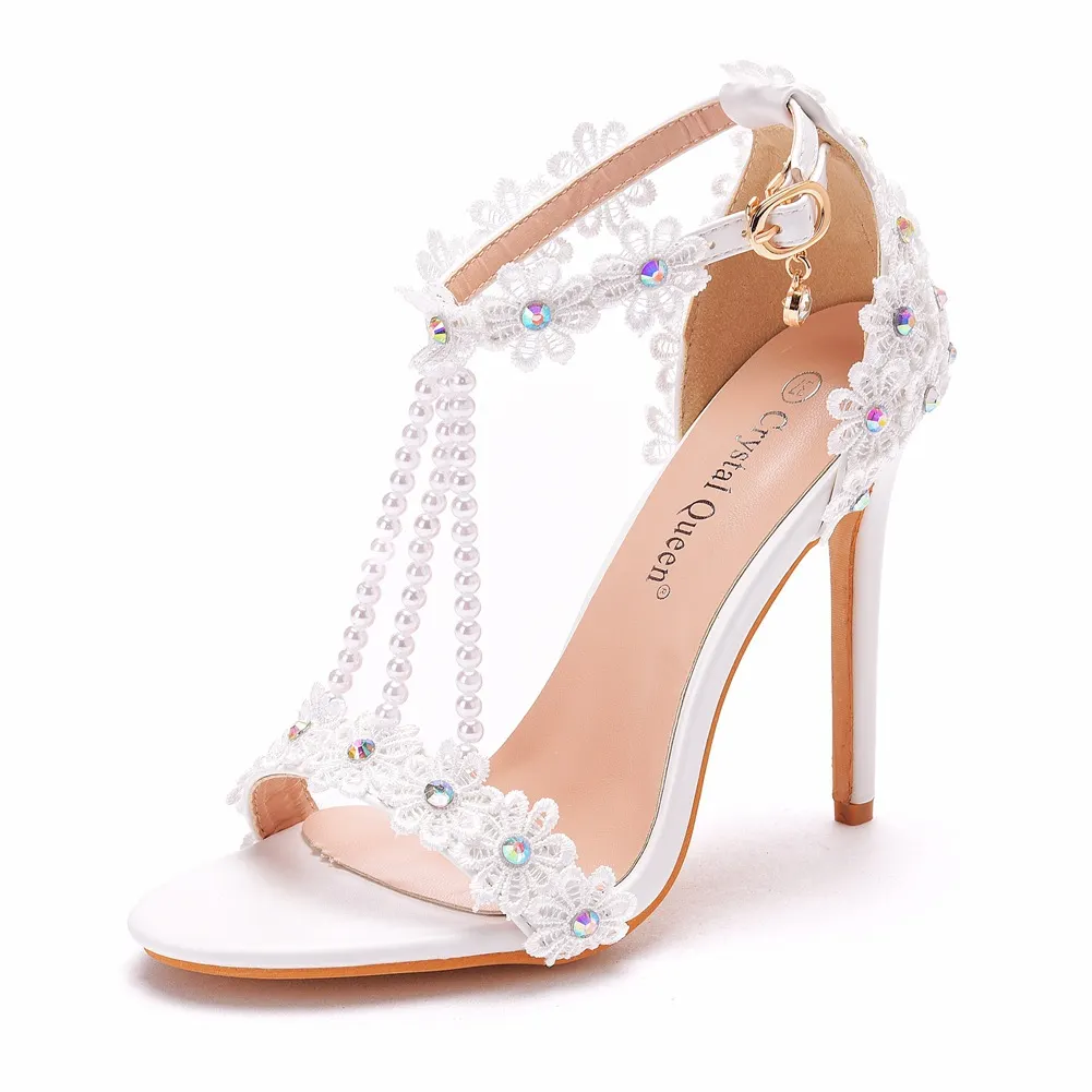 Breakj Breakj White Buckle Shoes Fine Heel Fish Mouth Roman Exposed Toe Sandals 11 Cm Beaded High-Heeled Sandals