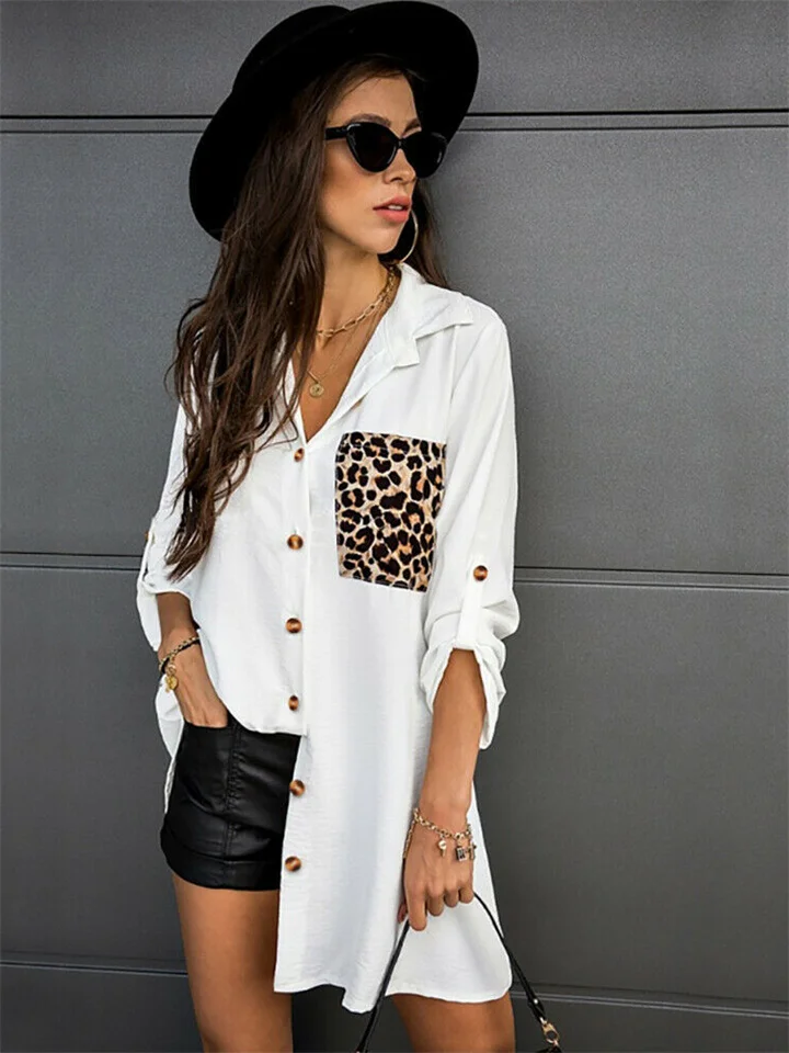 Spring and Autumn New Fashion Tops Women Loose Lapel Leopard Pocket Splicing Volume Long-sleeved Shirt In The Long Paragraph Casual