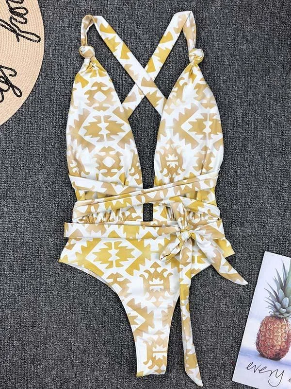 Floral-Print Deep V-Neck Backless Bandage One-Piece Swimwear