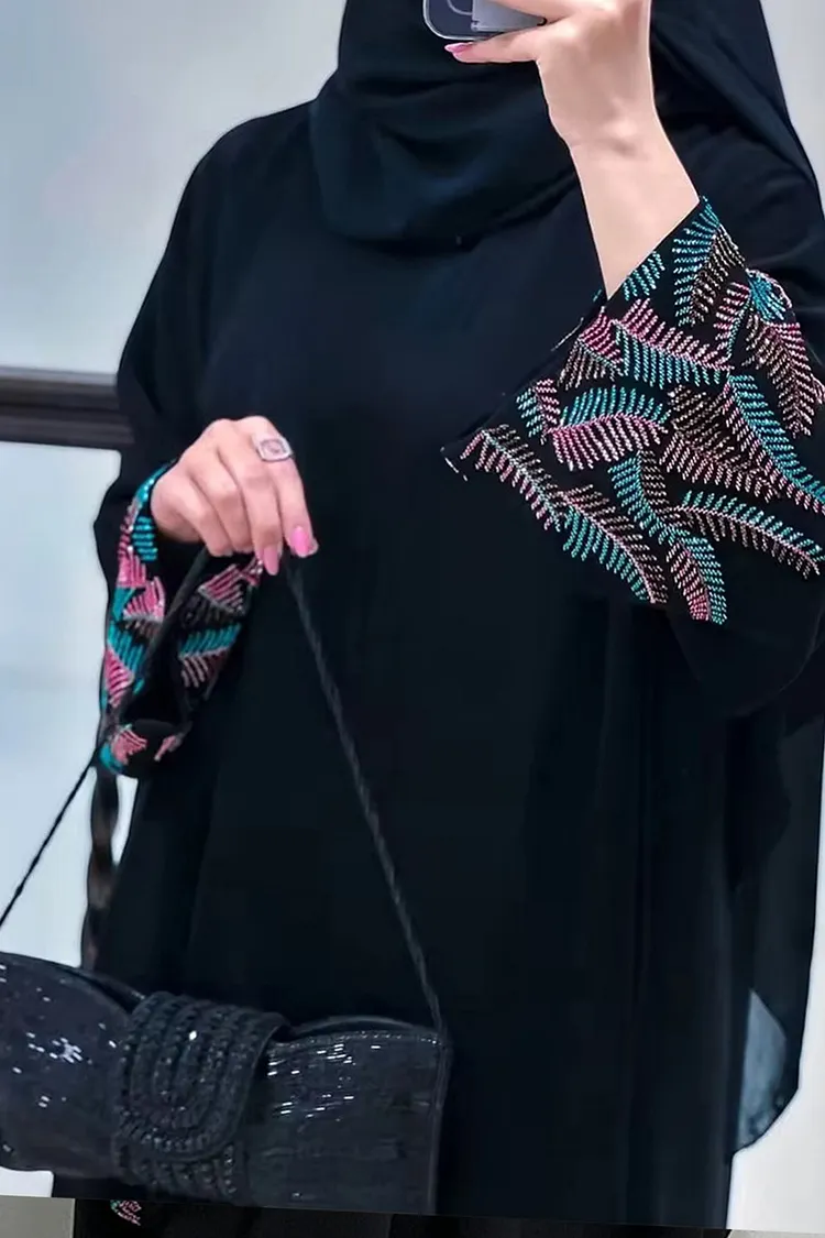 Colorblock Embroidery Open Front Loose-Fit Abaya Long Cardigan-Black