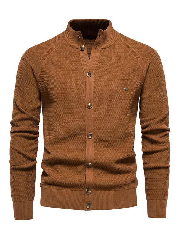 Men's Business Casual Textured Stand Collar Button Up Knit Cardigan