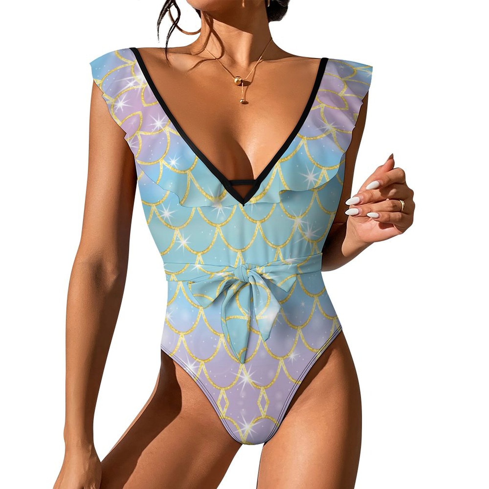 Women's Mermaid Gold Scales One Piece Swimsuits Sexy V Neck Bathing Suit