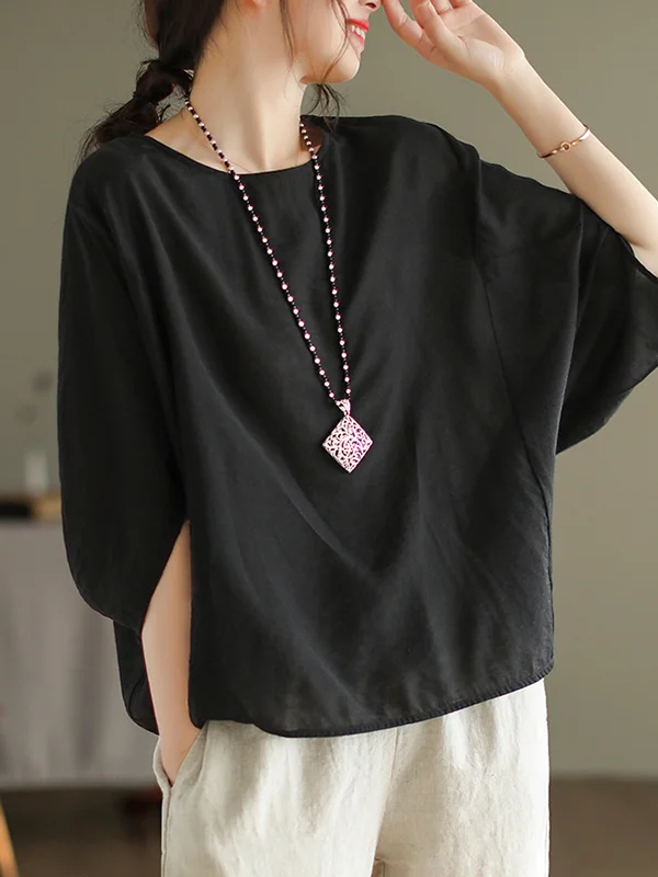 Vintage Loose Round-Neck Batwing Sleeves T-Shirt