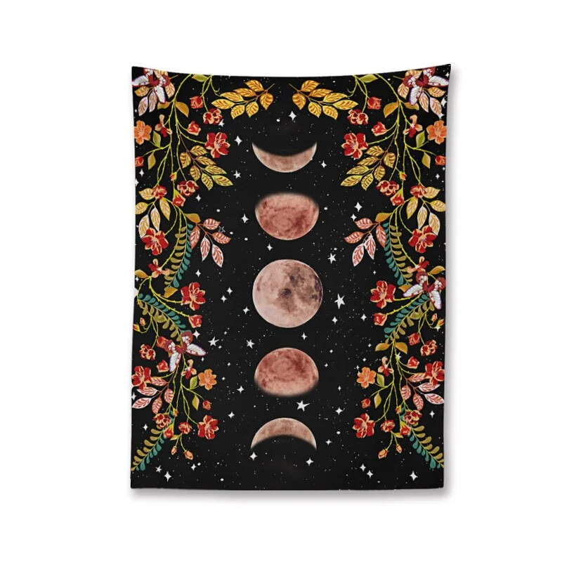 Garden Moon Phase Tapestry Wall Hanging Retro Black Flower Tapestry Home Decoration Background Cloth Bedroom Wall Covering