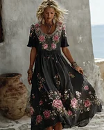 Women's Floral Art Print Flowy Linen Blend Casual Short Sleeve Maxi Dress - Image 5
