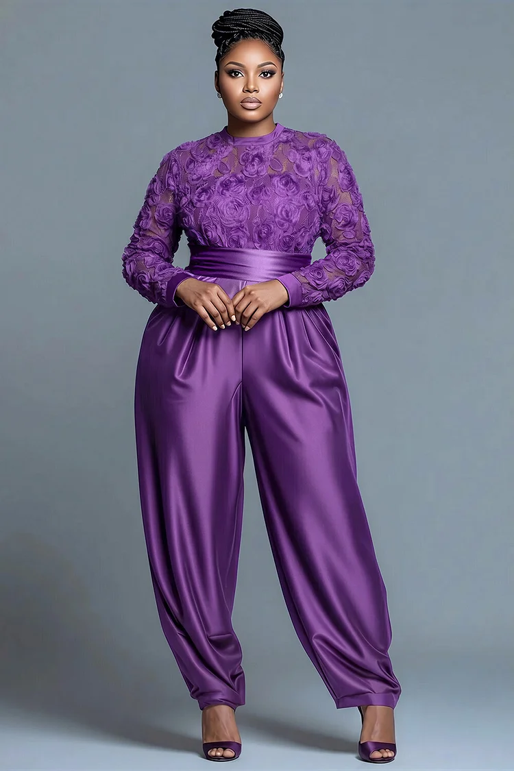 Xpluswear Design Plus Size Formal Purple Round Neck Long Sleeve Elegant See Through Satin Jumpsuits 2024 - Xpluswear