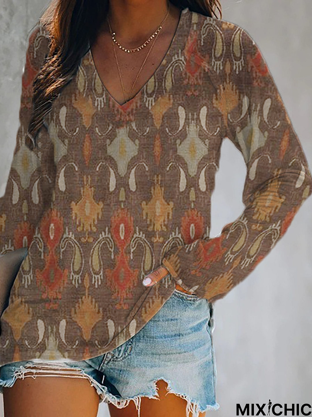 Geometric Printed Long Sleeve Tunic T-Shirt