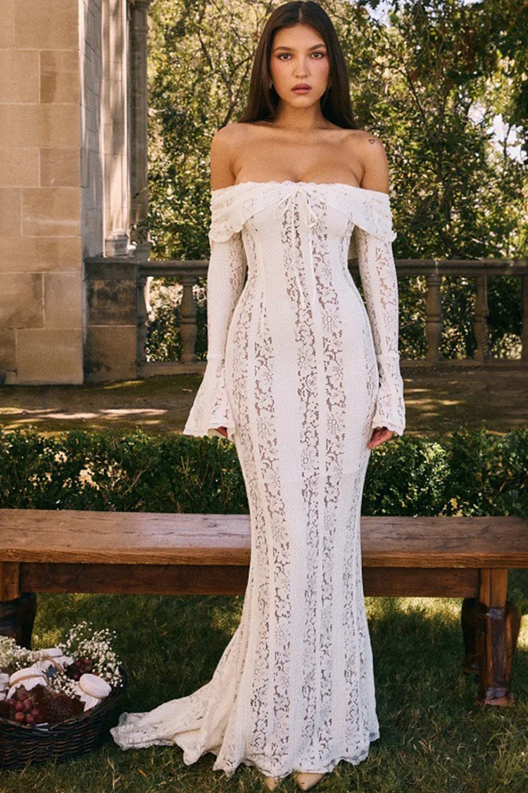 Semi Formal White Lace Off The Shoulder Flare Sleeve See-Through Mermaid Maxi Dress