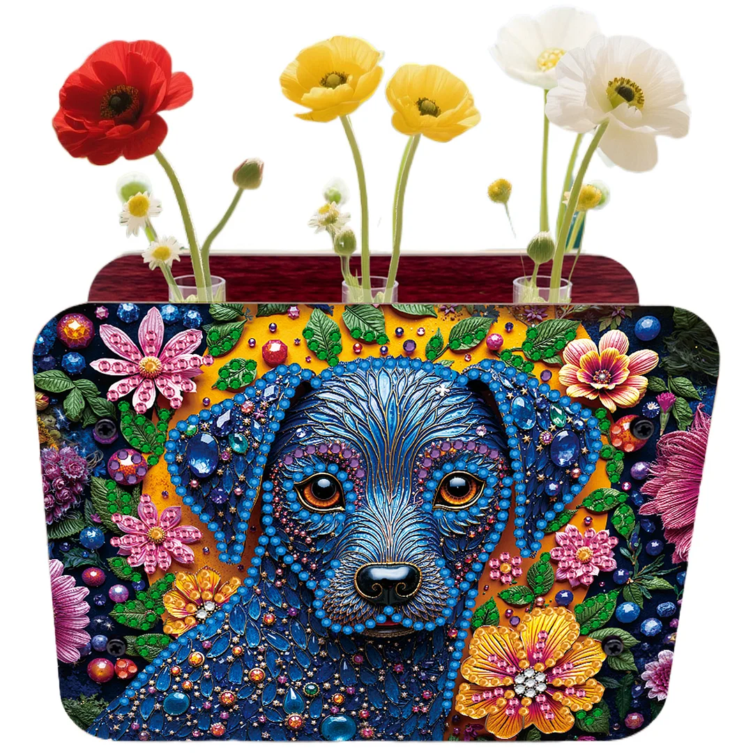Dog DIY Flower Vase Wooden Double Sided Desktop Diamond Art Kit for Home Decor